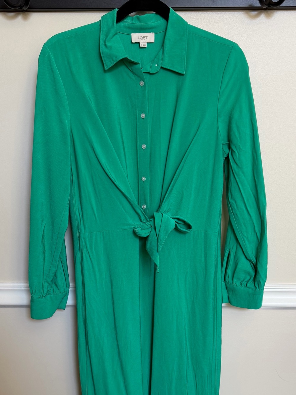 LOFT Emerald Green Long Sleeve Tie-Front Shirt Dress